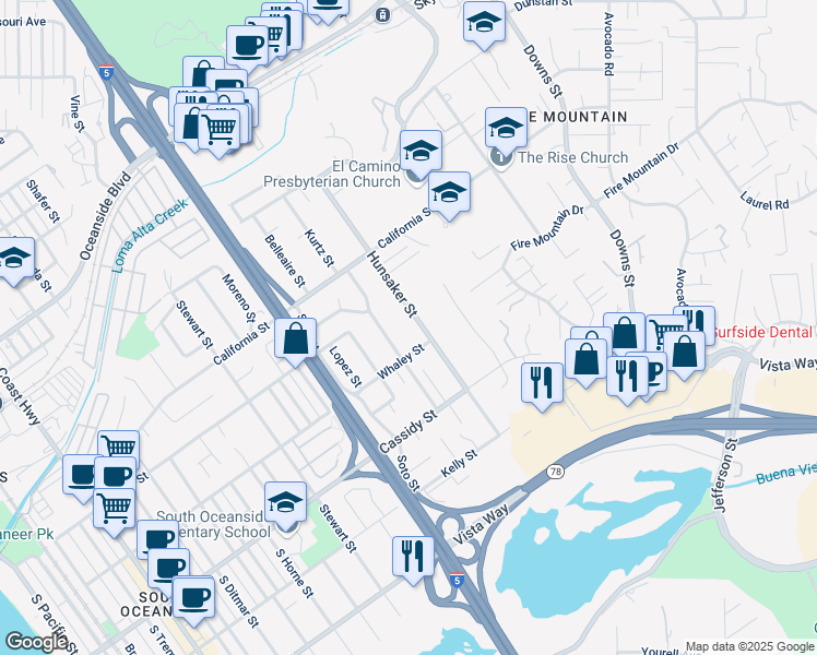 map of restaurants, bars, coffee shops, grocery stores, and more near 1645 Hunsaker Street in Oceanside