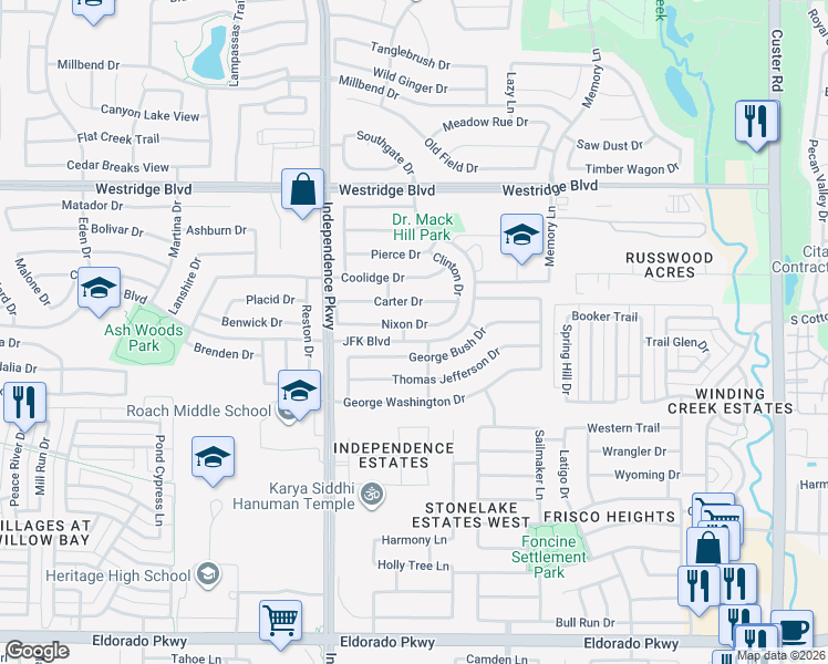 map of restaurants, bars, coffee shops, grocery stores, and more near 9829 Nixon Drive in McKinney