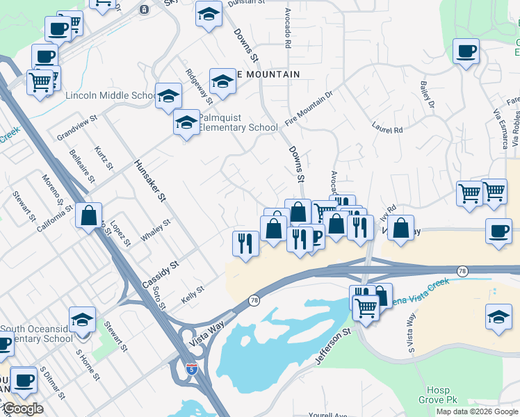 map of restaurants, bars, coffee shops, grocery stores, and more near 1773 Ivy Road in Oceanside