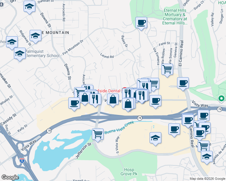 map of restaurants, bars, coffee shops, grocery stores, and more near 2301 Ivy Road in Oceanside