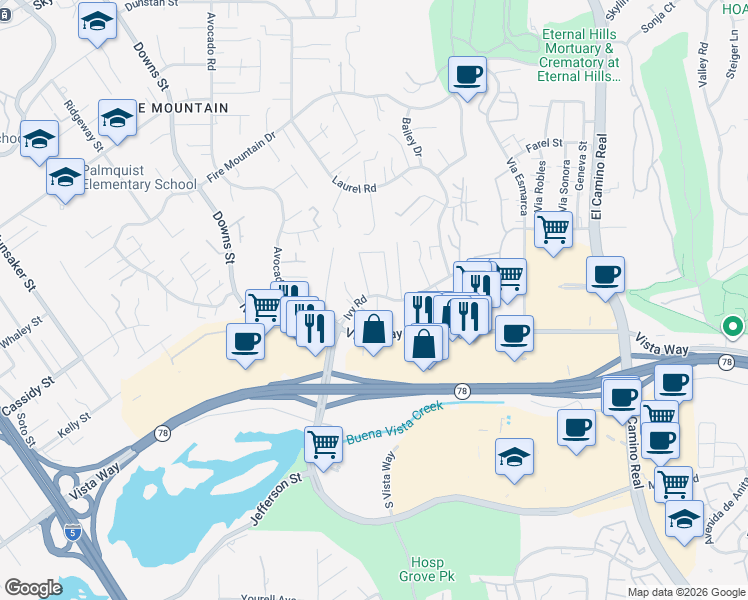 map of restaurants, bars, coffee shops, grocery stores, and more near 2335 Ivy Road in Oceanside