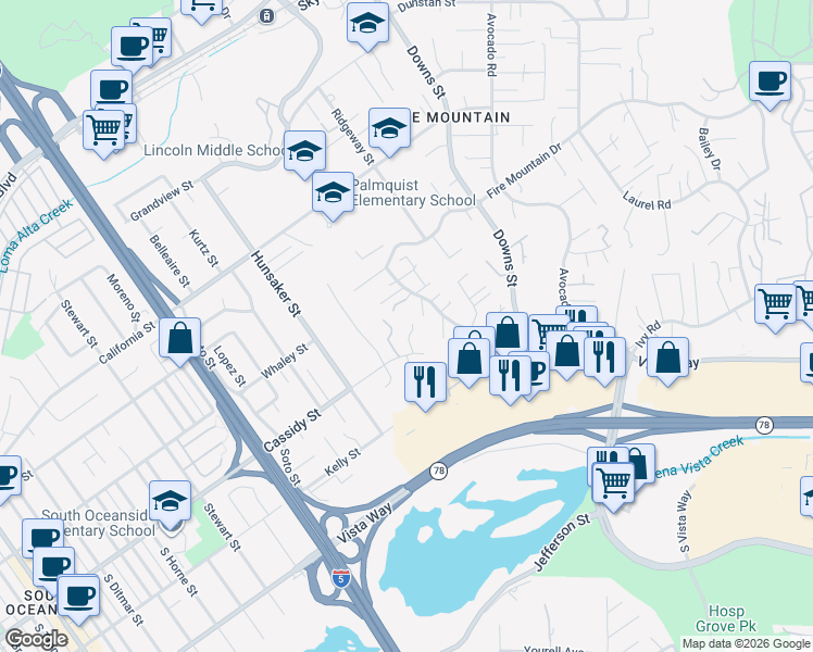 map of restaurants, bars, coffee shops, grocery stores, and more near 1710 Timingo Gate Way in Oceanside