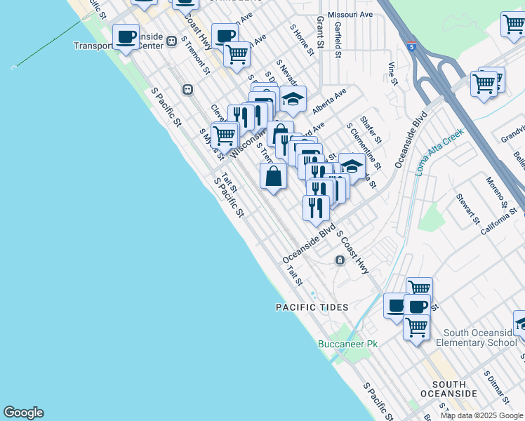 map of restaurants, bars, coffee shops, grocery stores, and more near 1006 South Myers Street in Oceanside