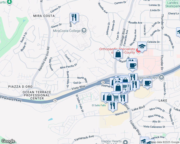 map of restaurants, bars, coffee shops, grocery stores, and more near 3661 Harvard Drive in Oceanside