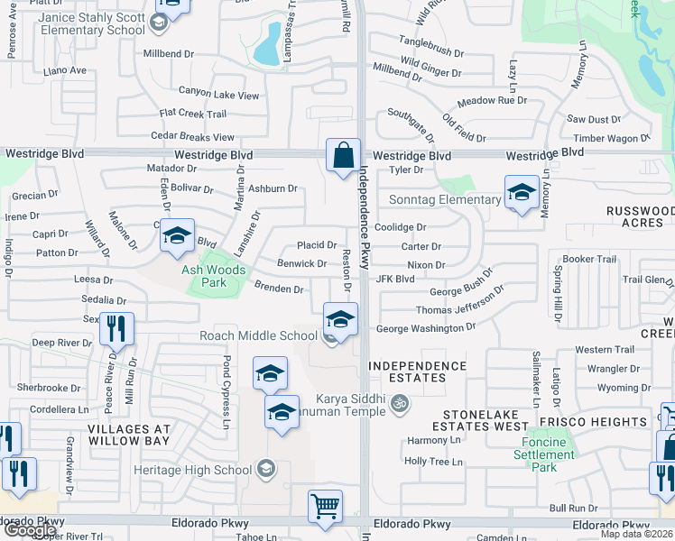 map of restaurants, bars, coffee shops, grocery stores, and more near 10109 Benwick Drive in McKinney