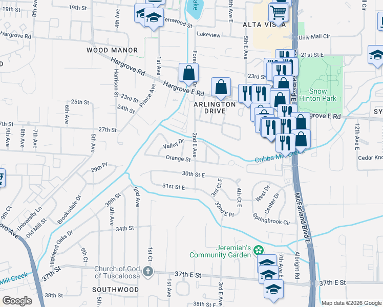 map of restaurants, bars, coffee shops, grocery stores, and more near 2908 Holly Street in Tuscaloosa