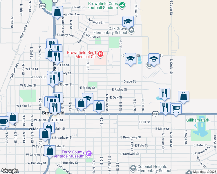 map of restaurants, bars, coffee shops, grocery stores, and more near 901 East Ripley Street in Brownfield