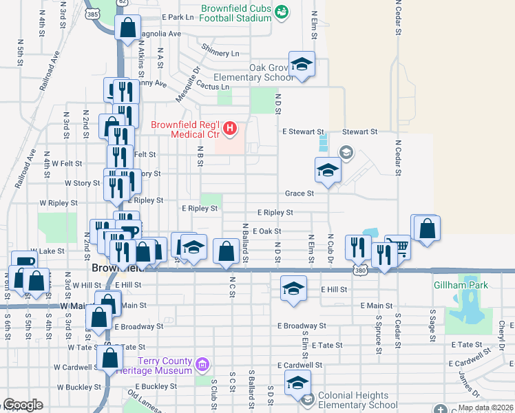 map of restaurants, bars, coffee shops, grocery stores, and more near 901-999 East Ripley Street in Brownfield