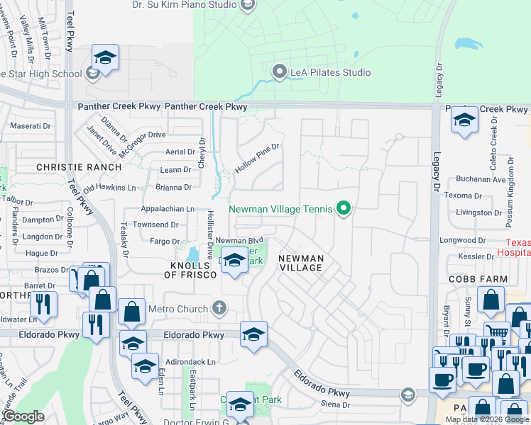 map of restaurants, bars, coffee shops, grocery stores, and more near 3635 Hickory Grove Lane in Frisco