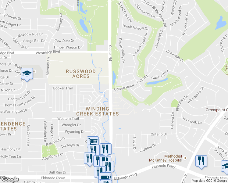 map of restaurants, bars, coffee shops, grocery stores, and more near 2305 South Custer Road in McKinney