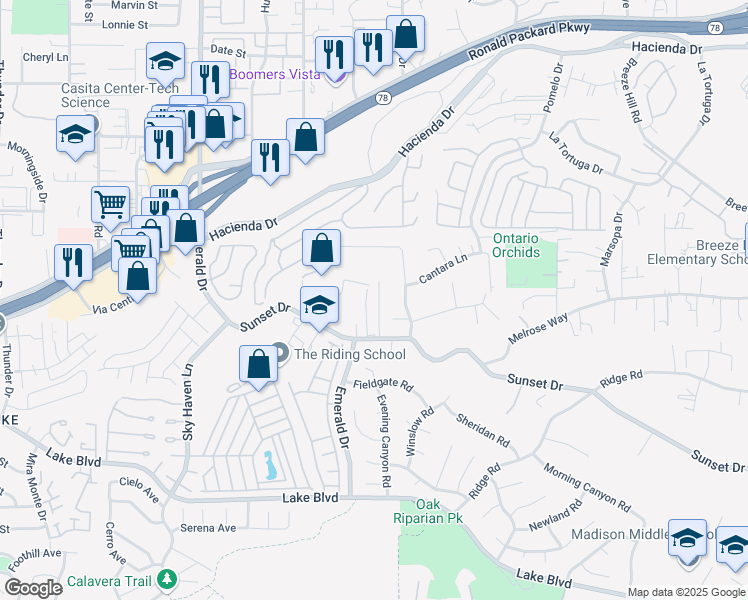 map of restaurants, bars, coffee shops, grocery stores, and more near 1895 Sunset Drive in Vista