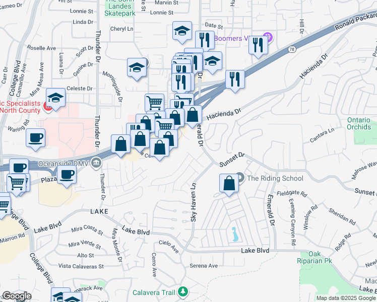 map of restaurants, bars, coffee shops, grocery stores, and more near 1902 Via Centre in Vista