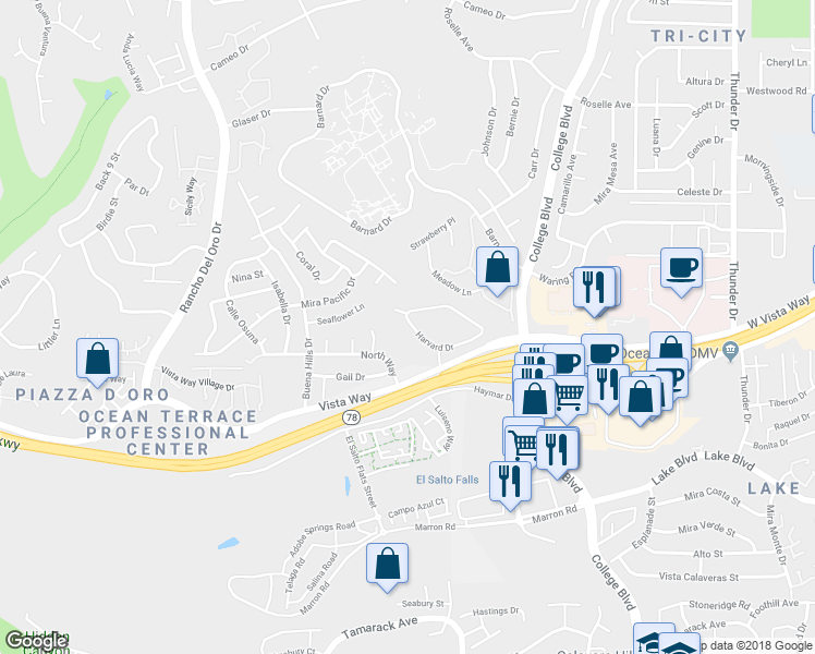 map of restaurants, bars, coffee shops, grocery stores, and more near 3657 Harvard Drive in Oceanside