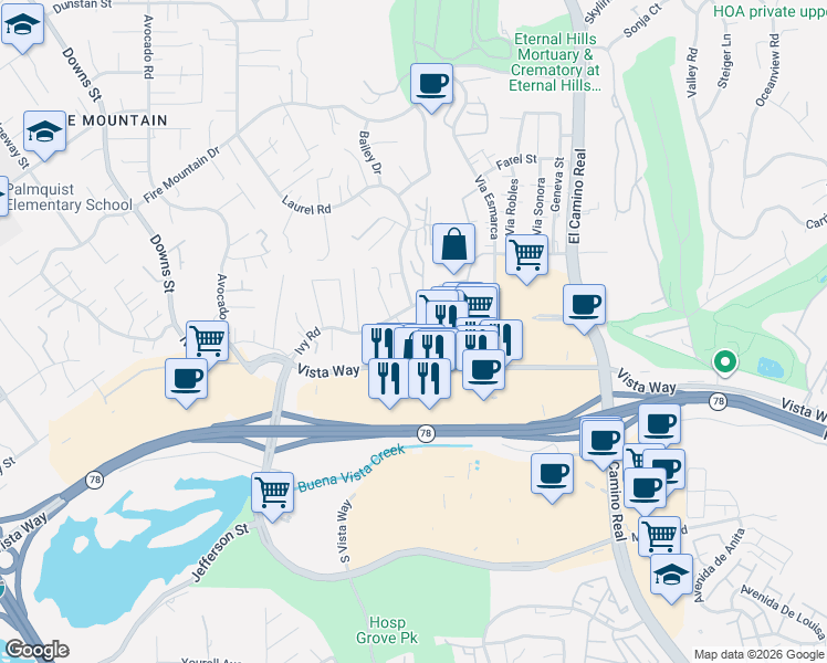 map of restaurants, bars, coffee shops, grocery stores, and more near in Oceanside