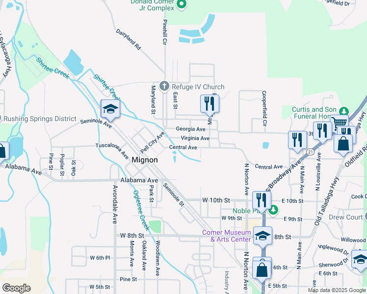 map of restaurants, bars, coffee shops, grocery stores, and more near 50 Central Avenue in Sylacauga