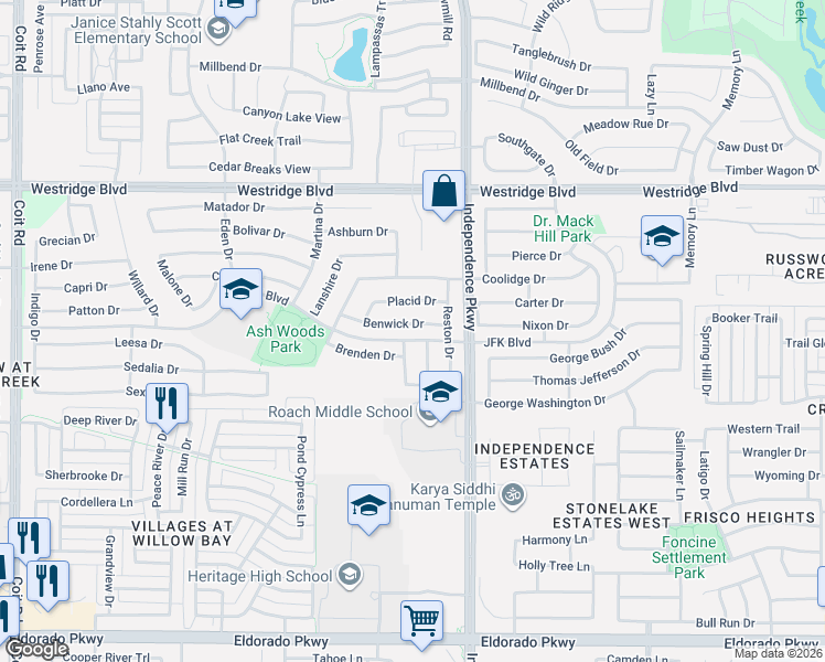 map of restaurants, bars, coffee shops, grocery stores, and more near 10205 Benwick Drive in McKinney
