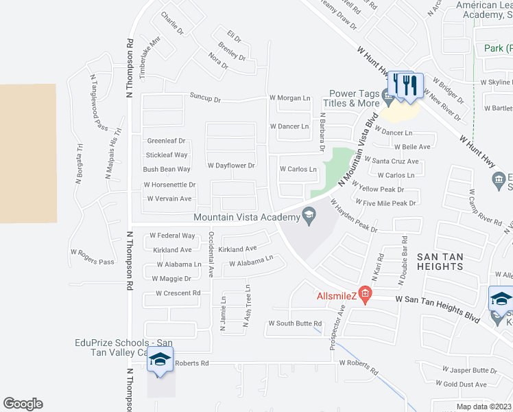 map of restaurants, bars, coffee shops, grocery stores, and more near 33603 North Bowles Drive in San Tan Valley