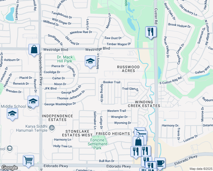 map of restaurants, bars, coffee shops, grocery stores, and more near 13043 Ridge Spring Drive in Frisco
