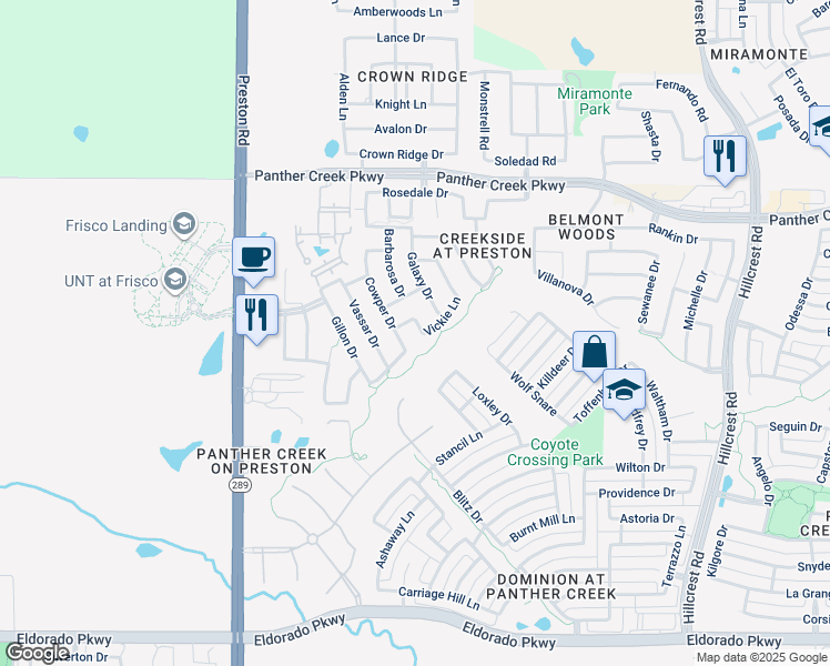 map of restaurants, bars, coffee shops, grocery stores, and more near 12842 Cowper Drive in Frisco