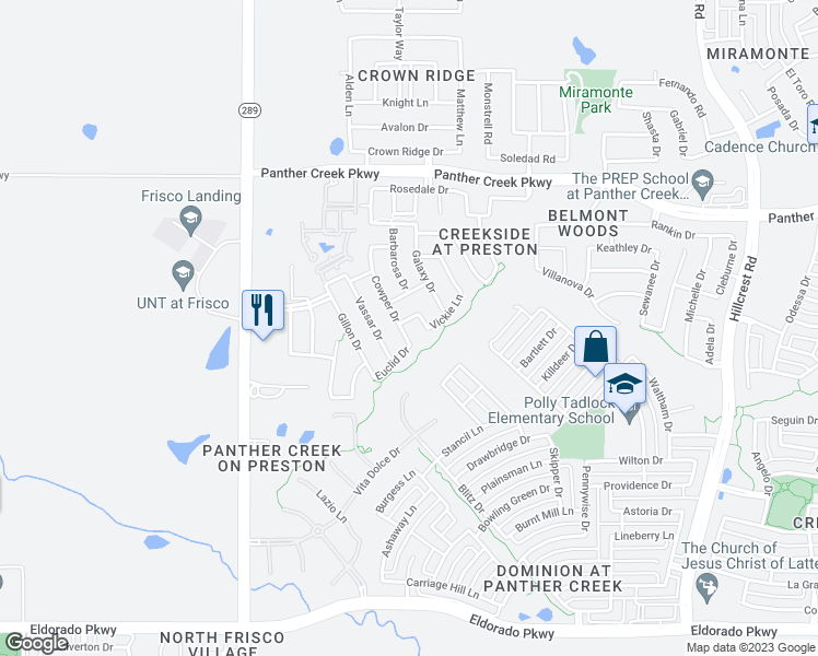map of restaurants, bars, coffee shops, grocery stores, and more near 12842 Cowper Drive in Frisco