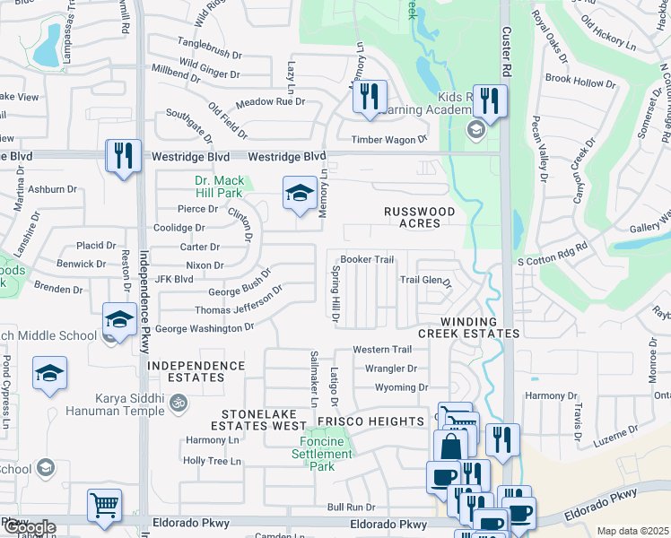 map of restaurants, bars, coffee shops, grocery stores, and more near 12905 Spring Hill Drive in Frisco