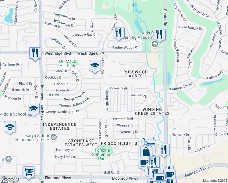 map of restaurants, bars, coffee shops, grocery stores, and more near 13043 Ridge Spring Drive in Frisco