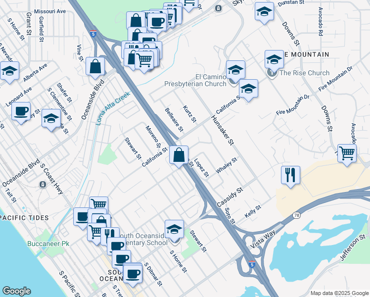 map of restaurants, bars, coffee shops, grocery stores, and more near 1504 Valencia Street in Oceanside