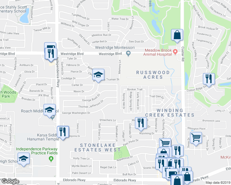 map of restaurants, bars, coffee shops, grocery stores, and more near 9501 George Bush Drive in McKinney