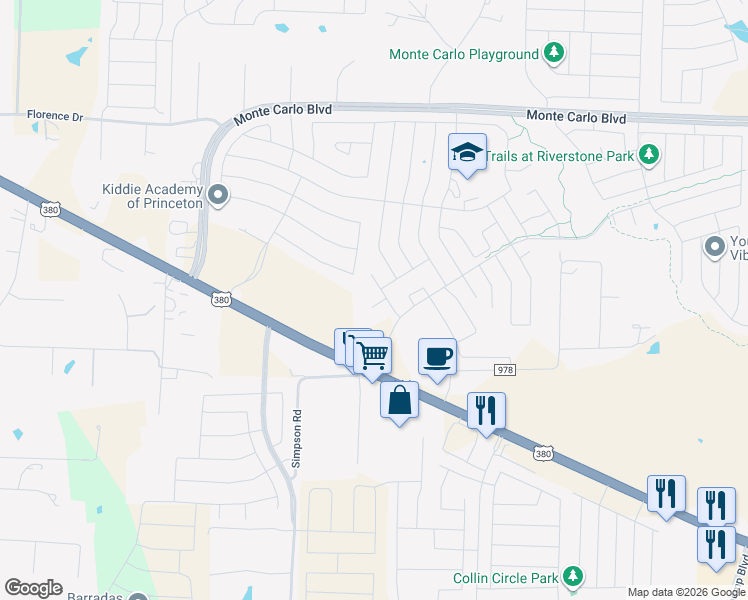 map of restaurants, bars, coffee shops, grocery stores, and more near 4000 Hidden Meadow Court in Princeton