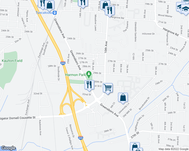 map of restaurants, bars, coffee shops, grocery stores, and more near 1031 29th Street in Tuscaloosa