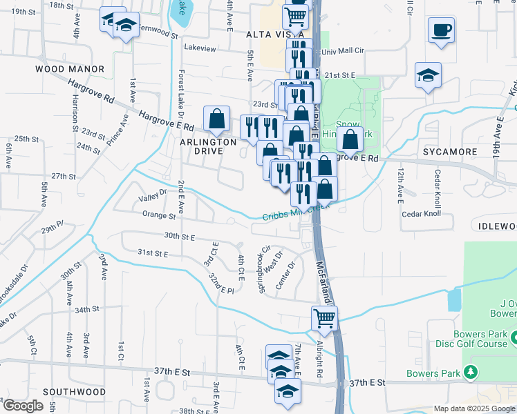 map of restaurants, bars, coffee shops, grocery stores, and more near 2700 McFarland Boulevard East in Tuscaloosa