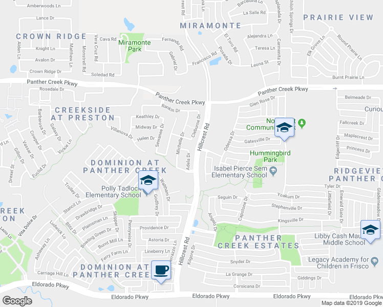 map of restaurants, bars, coffee shops, grocery stores, and more near 12974 Adela Drive in Frisco