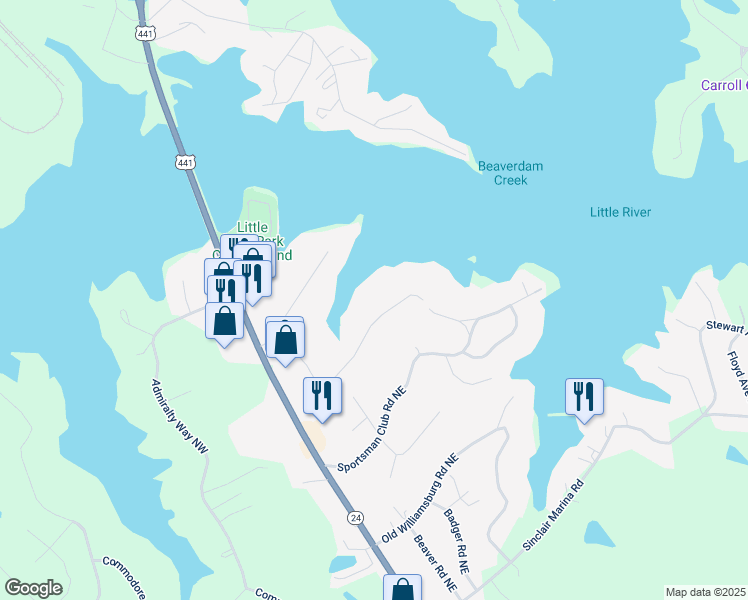 map of restaurants, bars, coffee shops, grocery stores, and more near 146 Sandy Beach Road Northeast in Milledgeville