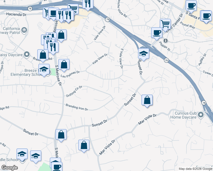 map of restaurants, bars, coffee shops, grocery stores, and more near 867 Vale View Drive in Vista