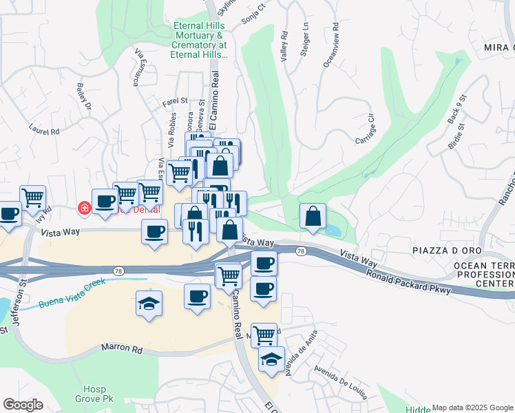 map of restaurants, bars, coffee shops, grocery stores, and more near 3118 Camino Crest Drive in Oceanside