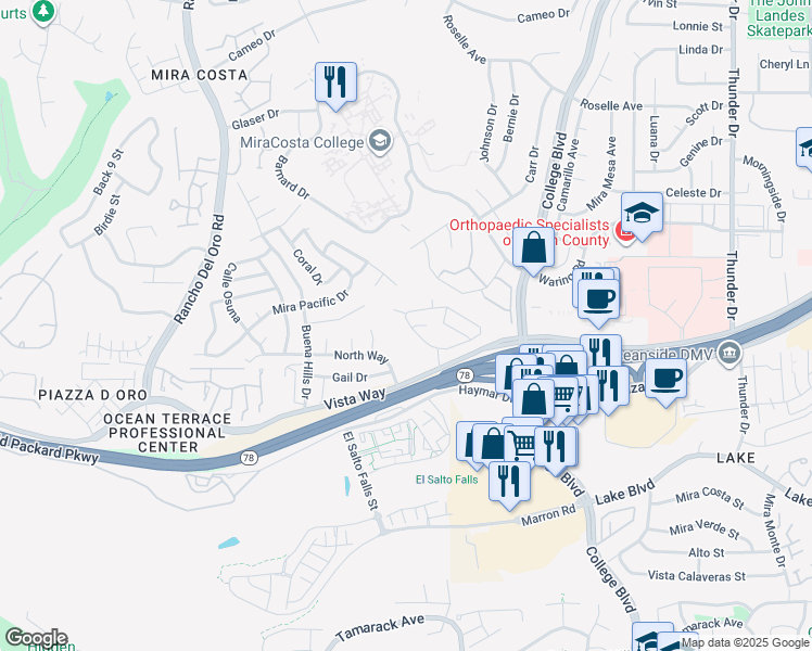 map of restaurants, bars, coffee shops, grocery stores, and more near 3657 Harvard Drive in Oceanside
