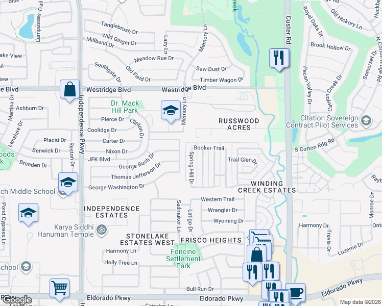 map of restaurants, bars, coffee shops, grocery stores, and more near 12937 Spring Hill Drive in Frisco