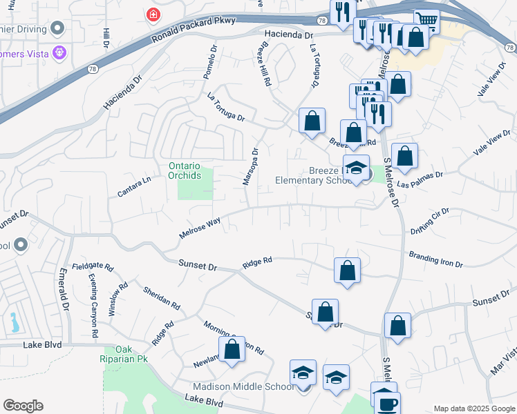 map of restaurants, bars, coffee shops, grocery stores, and more near 1361 Melrose Way in Vista