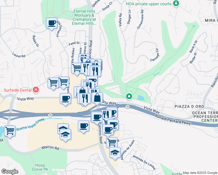 map of restaurants, bars, coffee shops, grocery stores, and more near 3118 Camino Crest Drive in Oceanside