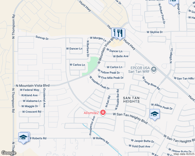 map of restaurants, bars, coffee shops, grocery stores, and more near 3405 West Five Mile Peak Drive in Queen Creek