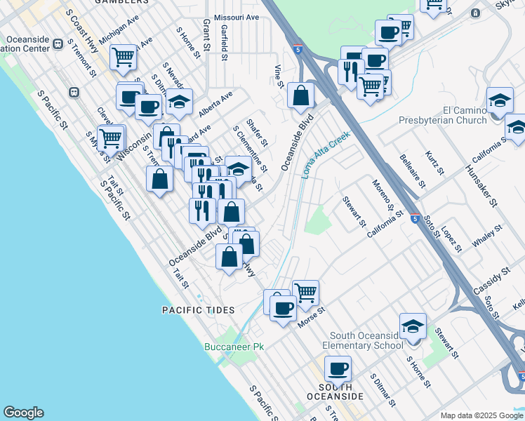 map of restaurants, bars, coffee shops, grocery stores, and more near 1221 South Nevada Street in Oceanside