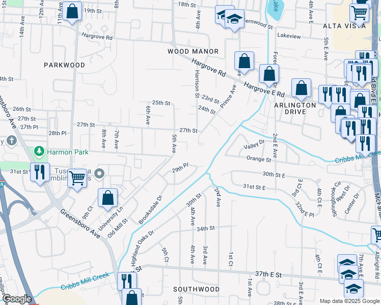 map of restaurants, bars, coffee shops, grocery stores, and more near 406 Prince Acres in Tuscaloosa