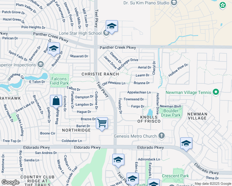 map of restaurants, bars, coffee shops, grocery stores, and more near Hawkins Lane in Frisco