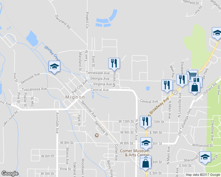 map of restaurants, bars, coffee shops, grocery stores, and more near 42 Central Avenue in Sylacauga