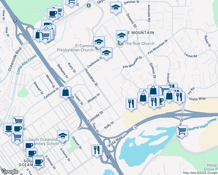 map of restaurants, bars, coffee shops, grocery stores, and more near 1751 Woodbine Place in Oceanside