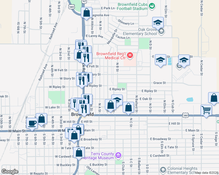 map of restaurants, bars, coffee shops, grocery stores, and more near 501 East Ripley Street in Brownfield