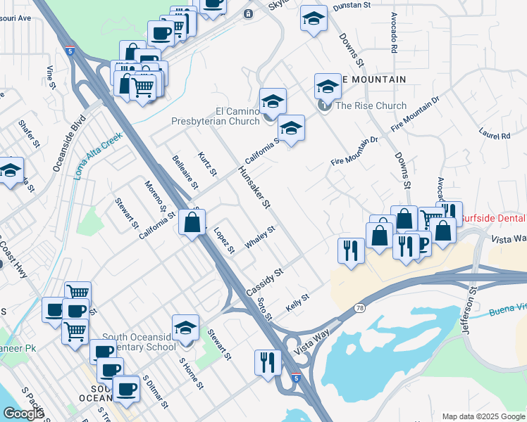 map of restaurants, bars, coffee shops, grocery stores, and more near 1629 Hunsaker Street in Oceanside