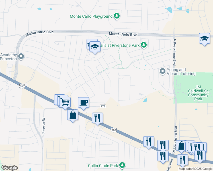 map of restaurants, bars, coffee shops, grocery stores, and more near 702 Rustic Meadows Trail in Princeton