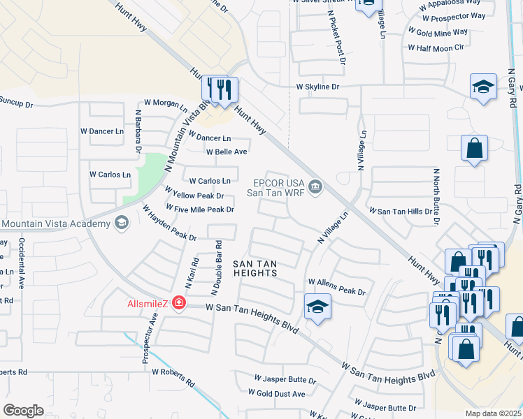 map of restaurants, bars, coffee shops, grocery stores, and more near 2876 West Five Mile Peak Drive in San Tan Valley
