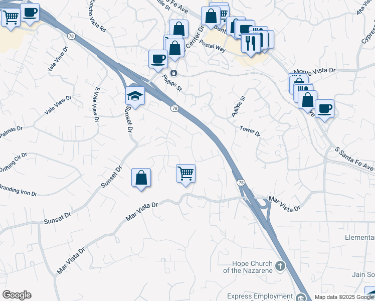 map of restaurants, bars, coffee shops, grocery stores, and more near 1019 Crest View Road in Vista